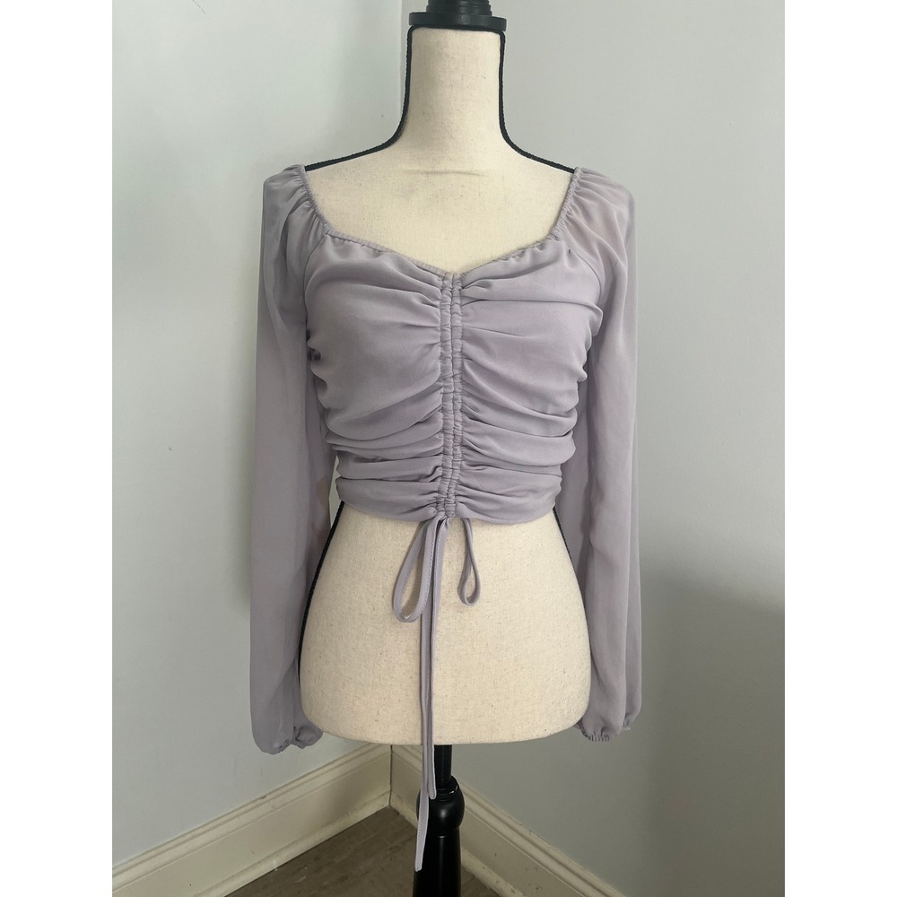 F21 Ruched Long Sleeve Crop Top size Small Chiffon Lavender Boho Chic Ethereal